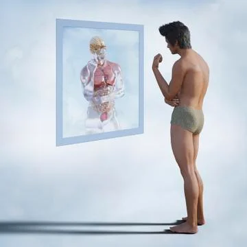 Men examining reflection of organs in virtual mirror Illustrazione stock