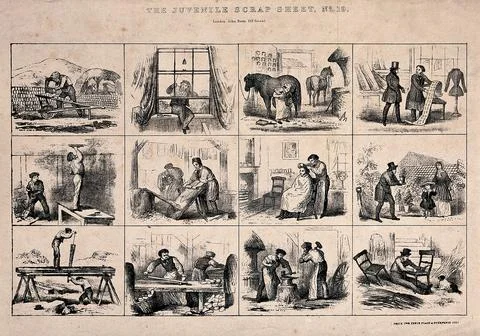 Men executing a variety of trades. Lithograph, 18--. Stock Illustration