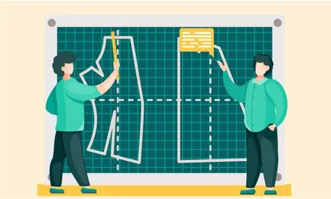 Men explain the principles of building patterns on the board. Fashion designer Ilustración de archivo