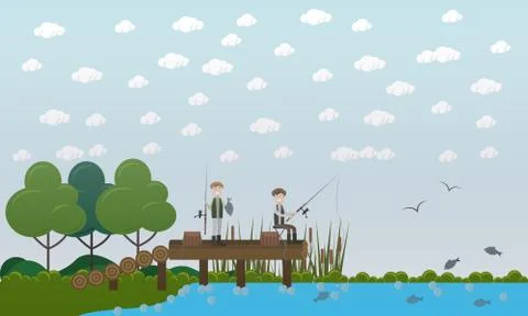 Men fishing on pier vector flat illustration Stock Illustration