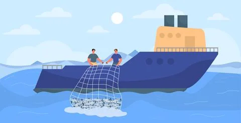 Men at fishing ship vector concept Stock Illustration
