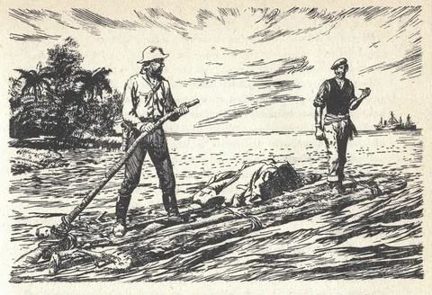 Men float on a raft on the river.  Old black and white illustration. Vintag.. Illustrazione stock
