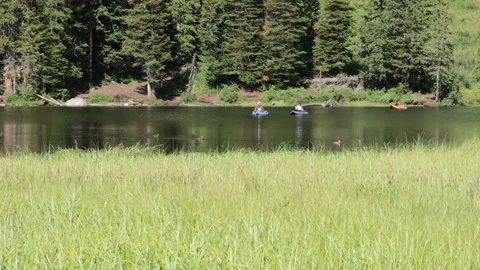 Men on float tubes fish on a mountain lake next to a grassy meadow, 4K Stock Footage 231540758