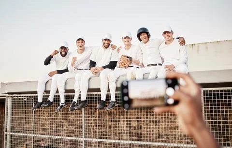 Men, friends or selfie on baseball field, sports or games stadium arena in Stock Photos