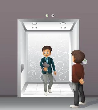 Men getting on and off the elevator Stock Illustration