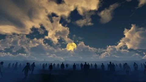 Men go to light yellow moon in orange violet ash fog Stockbeeldmateriaal 131606798