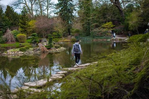 Men going through lake, stepping on rocks. Overcome obstacles. Stock Photos