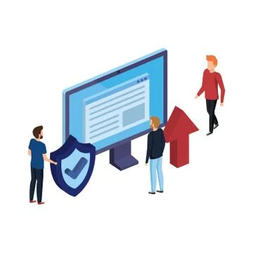 Men group with computer desktop and shield Illustrazione stock