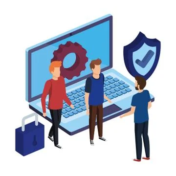 Men group with laptop and security icons Stock Illustration