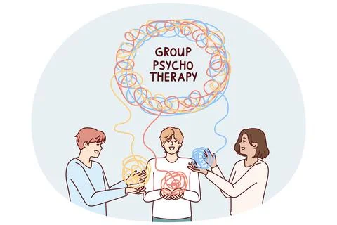 Men in group psychotherapy session trying to solve mental problems at Stock Illustration