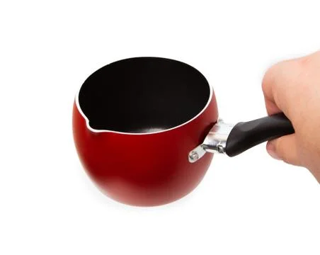 Men hand hold empty red stewpot Stock Photos