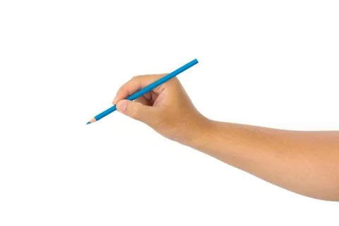 Men hand holding blue pencil on isolated white background Stock Photos