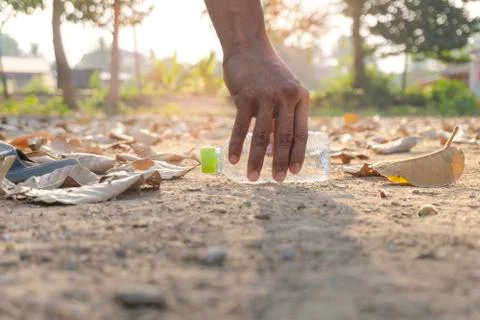 Men hand is picking up plastic on ground dry leaves in autumn Stock Photos