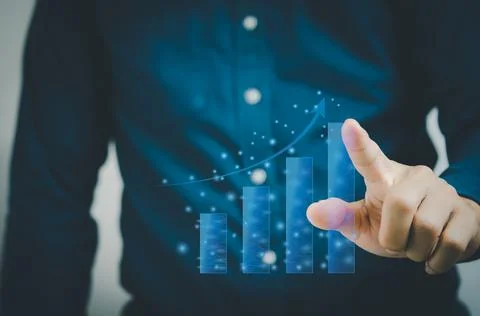 Men hands touch graphs and arrows hologram virtual screen.Business digital st Foto stock