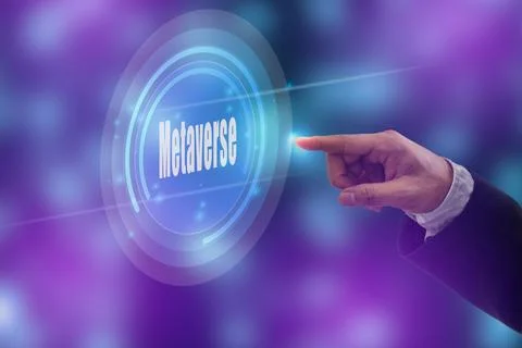 Men hands touch  virtual screen metaverse button world technology concept. Wo Stock Photos