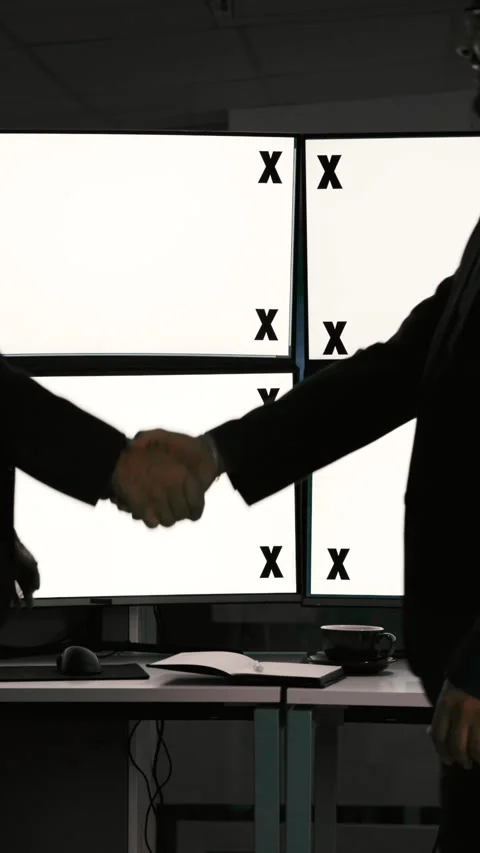 Men, handshake and computer with blank screen for trading, success and Stock Footage 332914782