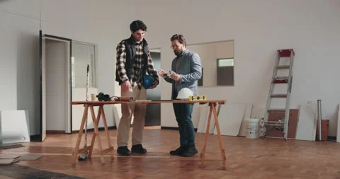 Men, handshake and meeting with interior designer in house, talk or planning for Stock Footage 341552455