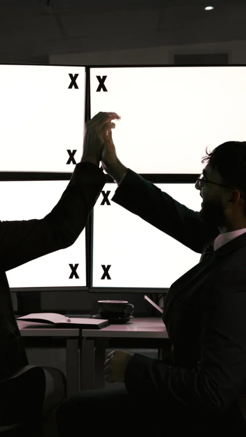 Men, high five and computer with blank screen for trading, success and Stock Footage 332921067