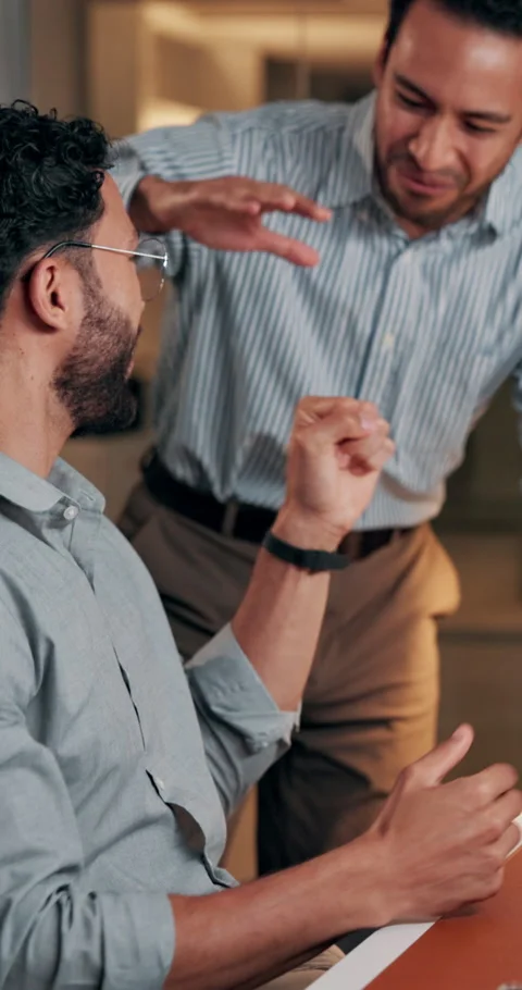 Men, high five and employee with mentor, office and happy for software Stock Footage 322131445