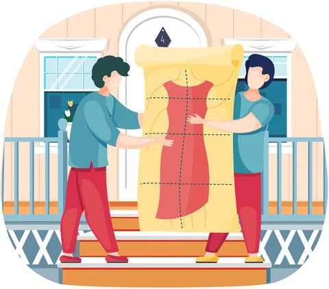 Men holding pattern of future clothes. Guys in professional tailoring studio Stock Illustration
