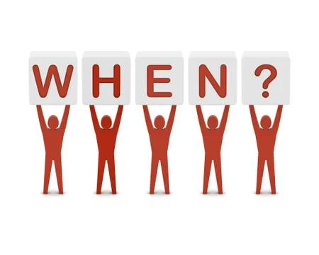 Men holding the question when. Concept 3D illustration. Stock Illustration