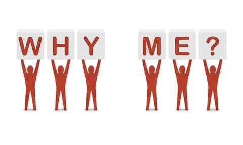 Men holding the question why me. Concept 3D illustration. Stock Illustration