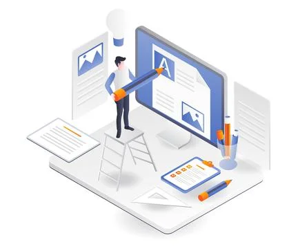 Men insert ideas into blog and web content Stock Illustration