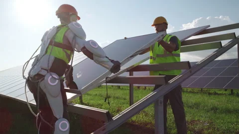 Men installing photovoltaic panel together Stock Footage 156796895