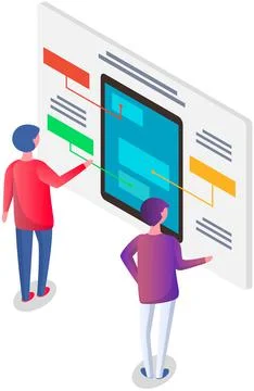 Men interact with screen digital device press button on smartphone. Monitor Illustrazione stock