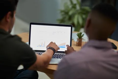 Men, laptop and analytics with chart for business statistics, performance r.. Stock Photos