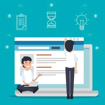 Men with laptop technology and website documents Stockillustratie