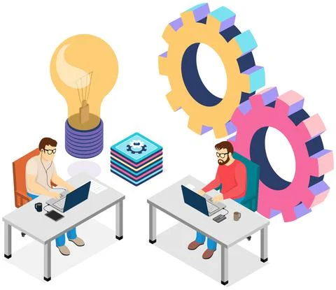 Men with laptops working with adjusting program, fixing. Teamwork with settigns Illustrazione stock