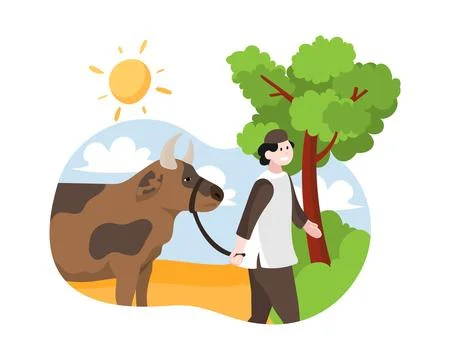 Men lead cow for Eid al-Adha sacrifice illustration. Eid al Adha celebration Stock Illustration