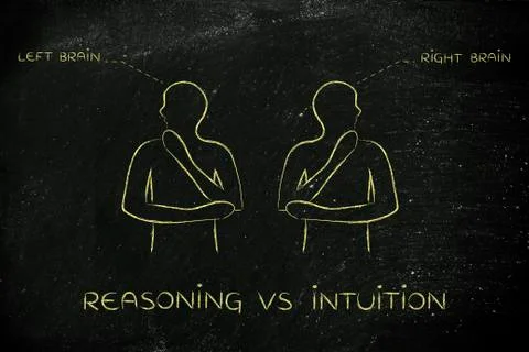 Men with left and right brain captions, reasoning vs intuition Stock Illustration