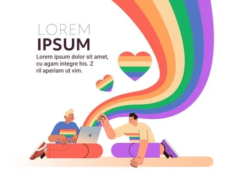 Men with lgbt rainbow flags using laptop gay lesbian love parade pride festival Stock Illustration