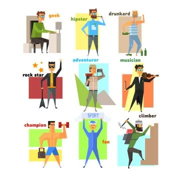 Men Lifestyle in Flat Style Vector Illustration Set Stock Illustration