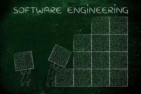 Men lifting blocks of messy binary code, software engineering Stock Illustration