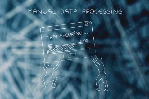 Men lifting pop-up with data transfer and progress bar loading 库存插图
