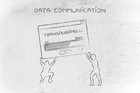 Men lifting pop-up with data transfer and progress bar loading Illustrazione stock