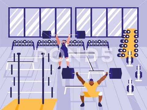 Men lifting weights in sport gym Stock Illustration