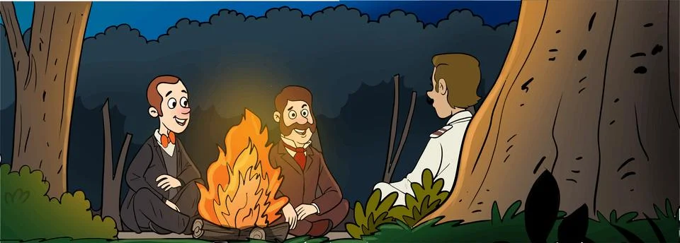 Men lighting campfire sitting in forest meadow surrounded by trees Stock Illustration