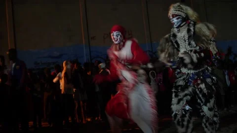 Men in lion costume dancing on beach with crowd around Video stock 208940949