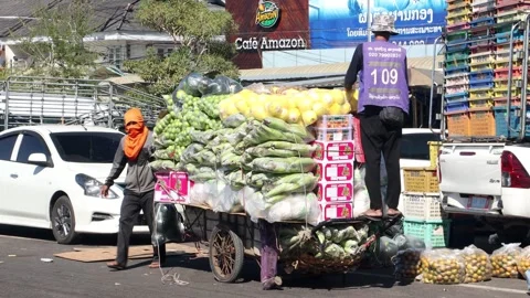 Men load fruit onto a wheelbarrow at the Chong Mek border crossing with Laos Stock Footage 299652686