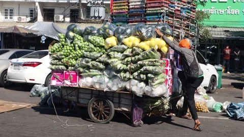 Men load fruit onto a wheelbarrow at the Chong Mek border crossing with Laos Stock Footage 300906001