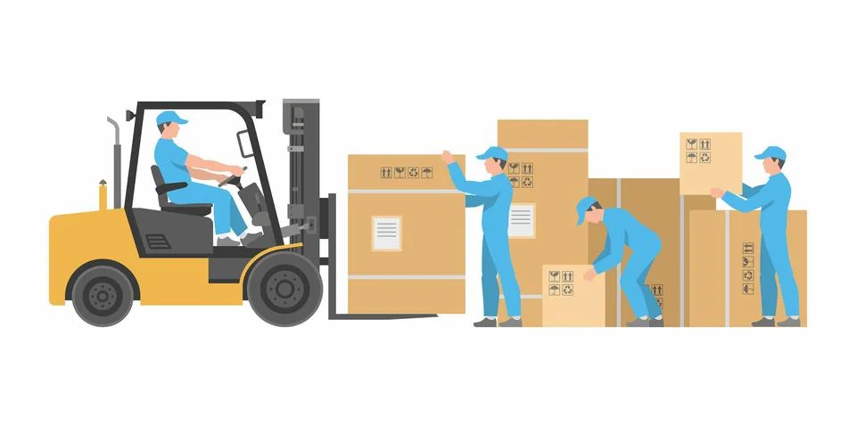Men loading boxes on forklift Illustrazione stock