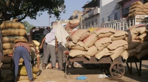 Men loading jute bags on pull cart,New Delhi,India Stock Footage 66749416
