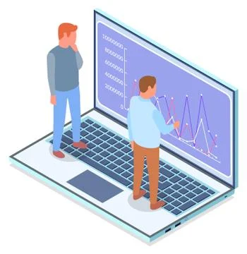 Men looking analysing chart, graphic at screen of laptop, web analytics 스톡 일러스트