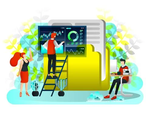 Men Looking For Data on Giant Folder Icon and Worker is Operating Search Data Stock Illustration