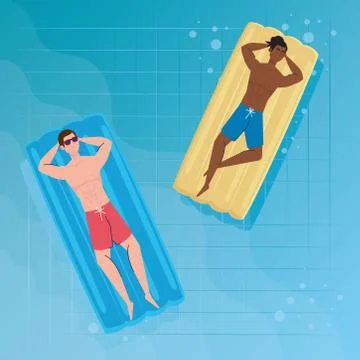 Men in lying down on inflatable float in shorts, on the pool, summer vacation Illustrazione stock