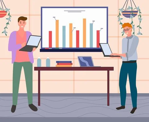 Men make presentation of business indicators. Statistics analytics results, data Illustrazione stock